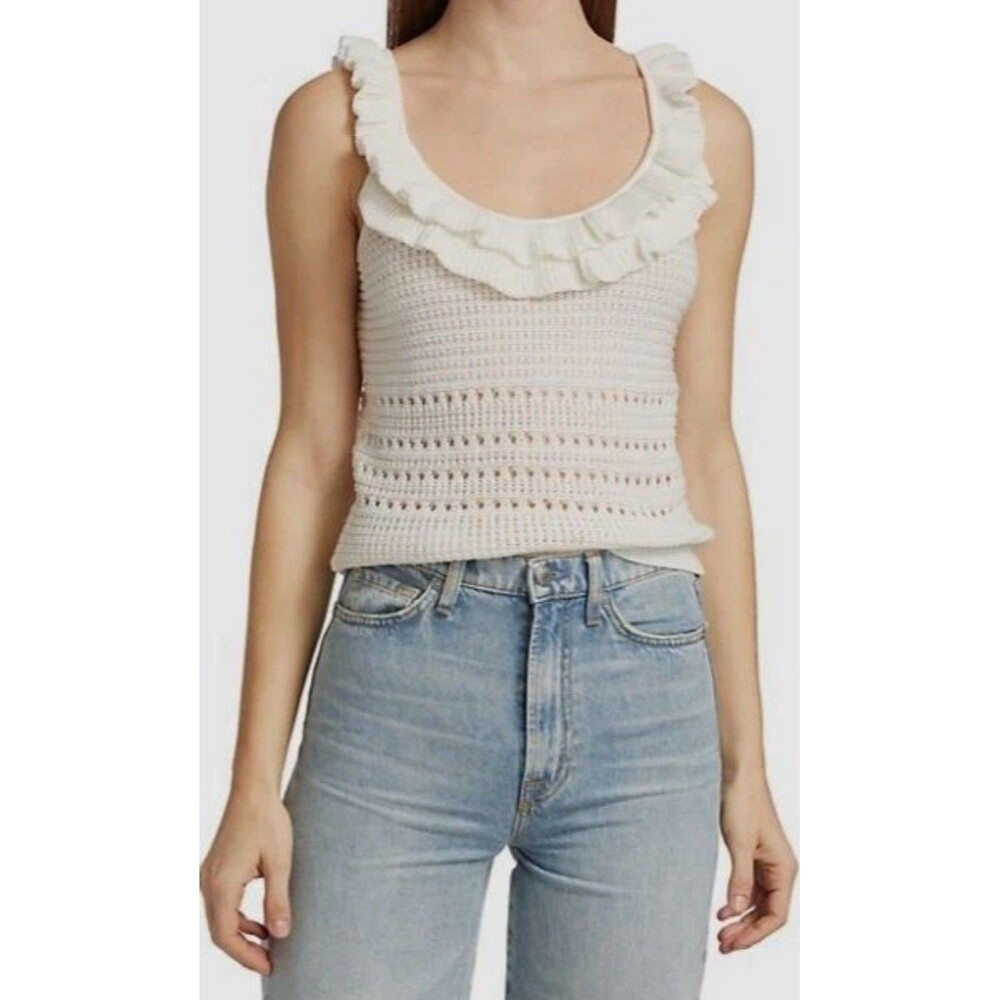 7 For All Mankind Knit Tank Top Womens Small White Ruffle Pointelle Sleeveless